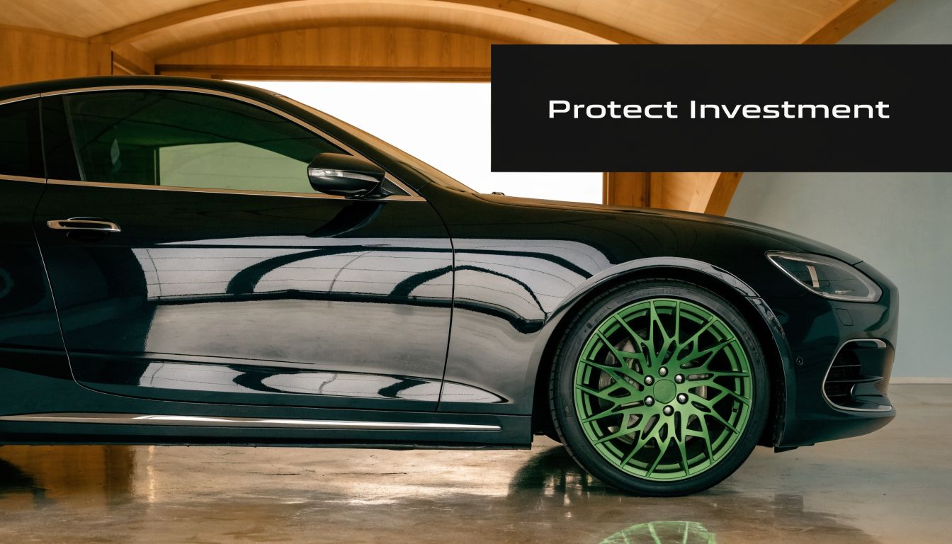 A sleek dark luxury car parked in a garage with a sign emphasizing the need to protect investment.