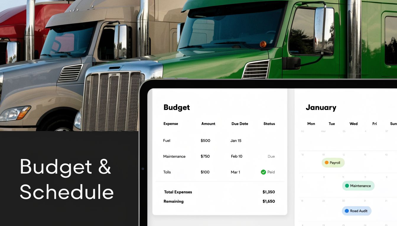 A digital screen displays a financial budget table and a January calendar beside parked semi-trucks.