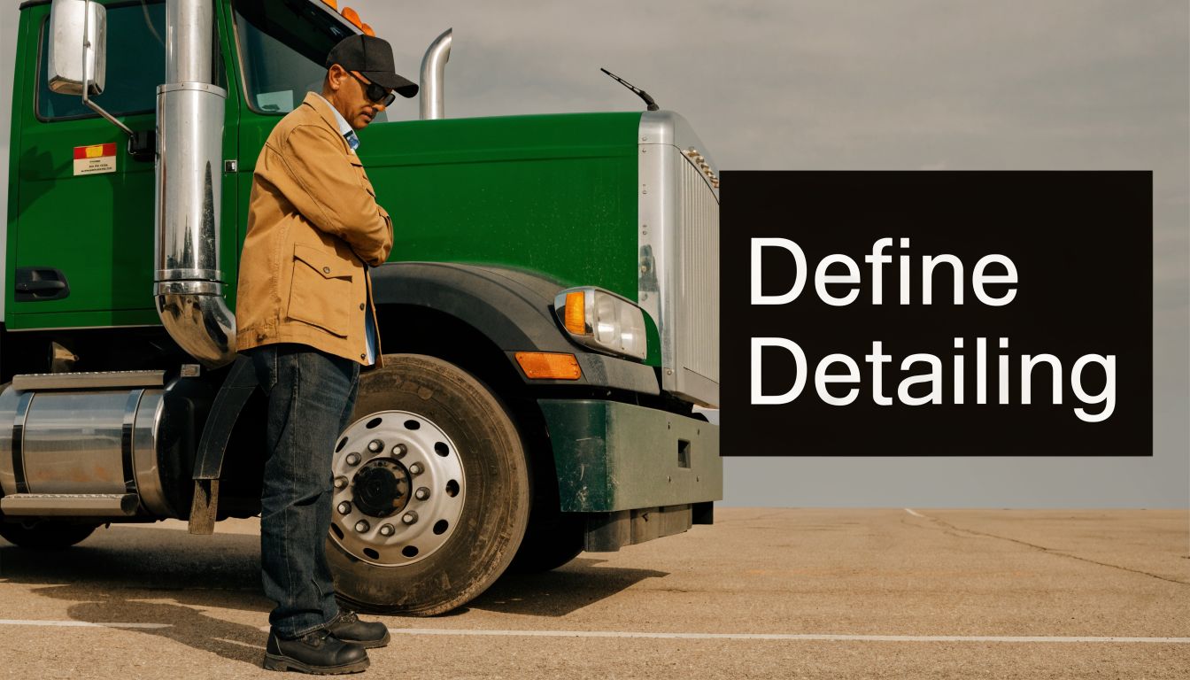 A professional truck driver stands next to his green semi-truck in a large outdoor parking lot.