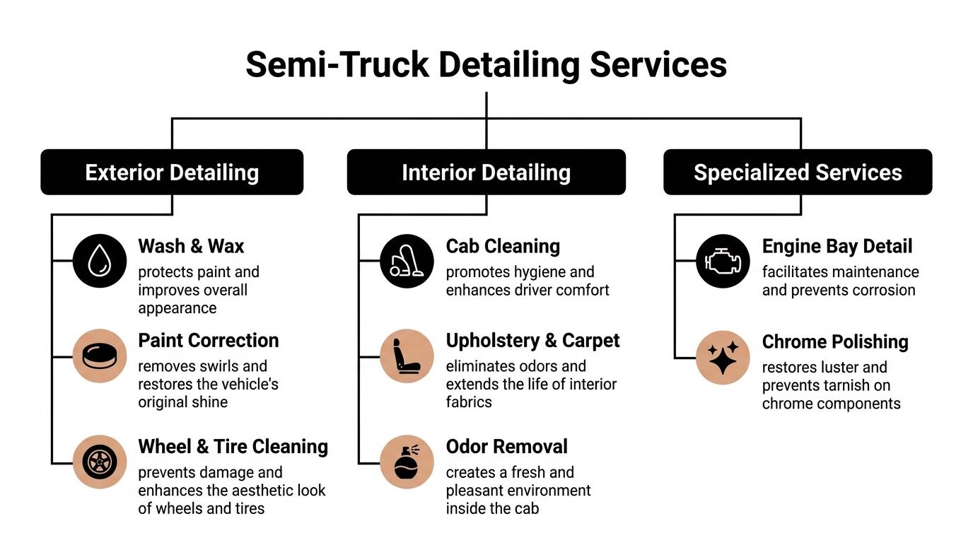 A diagram illustrating various semi-truck detailing services, including exterior, interior, and specialized cleaning options for trucks.