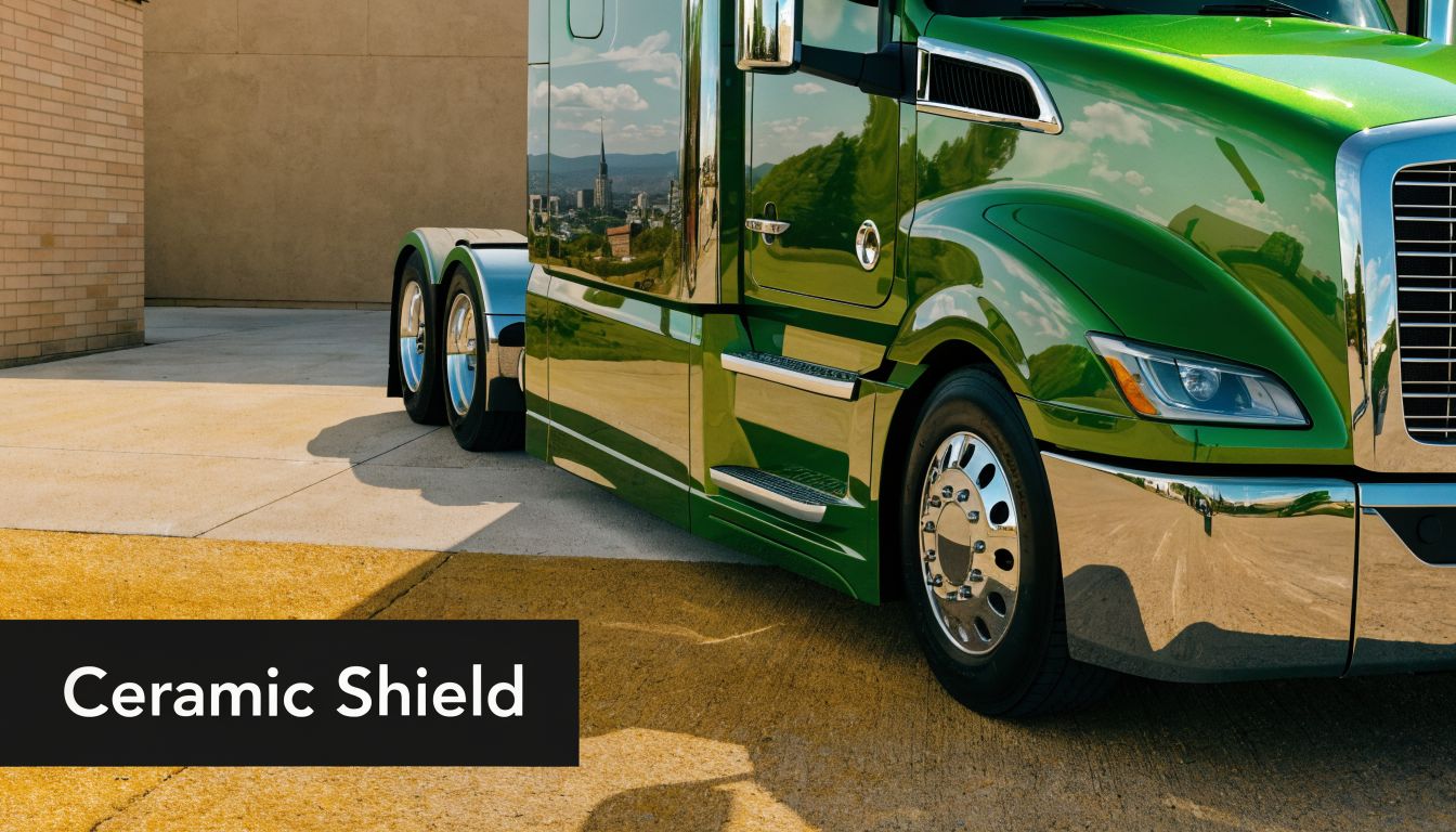A sleek, polished green semi truck parked on a concrete surface, reflecting the surrounding city landscape.
