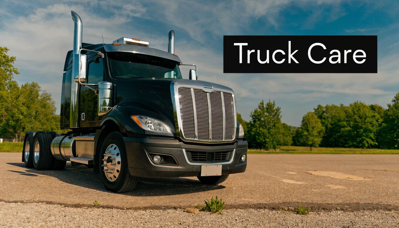 A sleek, black semi truck parked on an empty asphalt lot under a blue sky, promoting truck care.