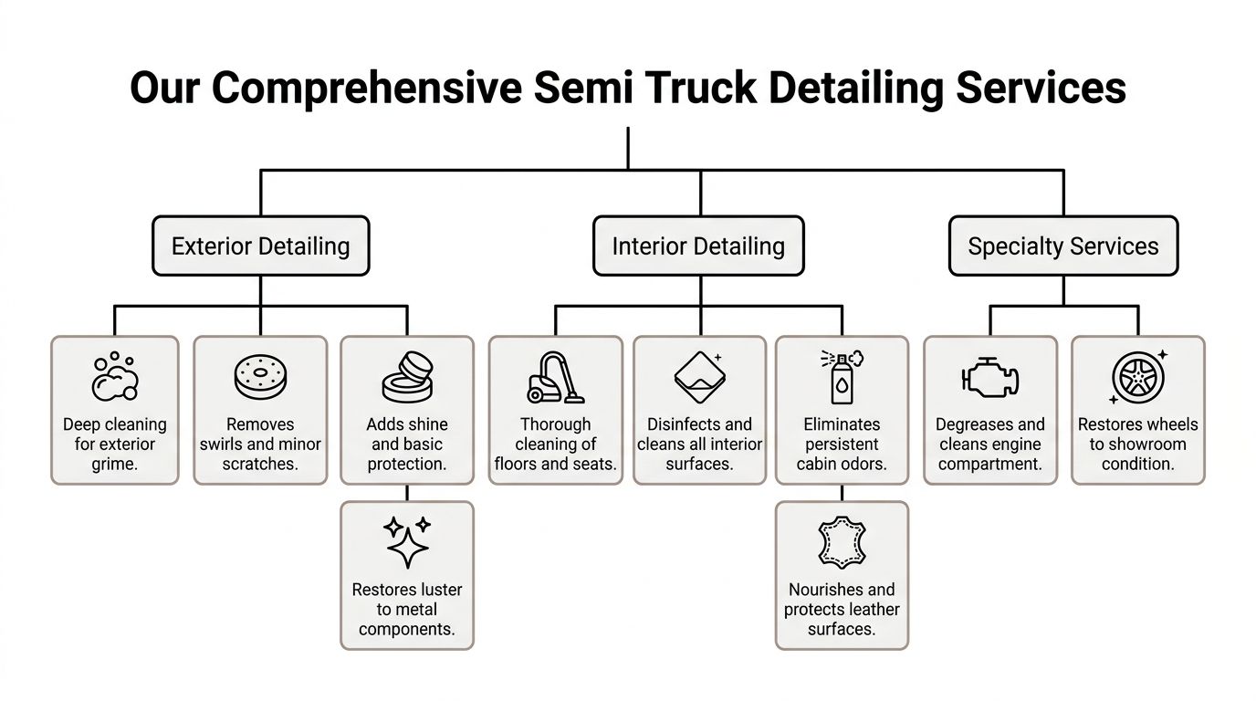 An organizational chart showing comprehensive semi truck detailing services including exterior, interior, and specialty cleaning options.