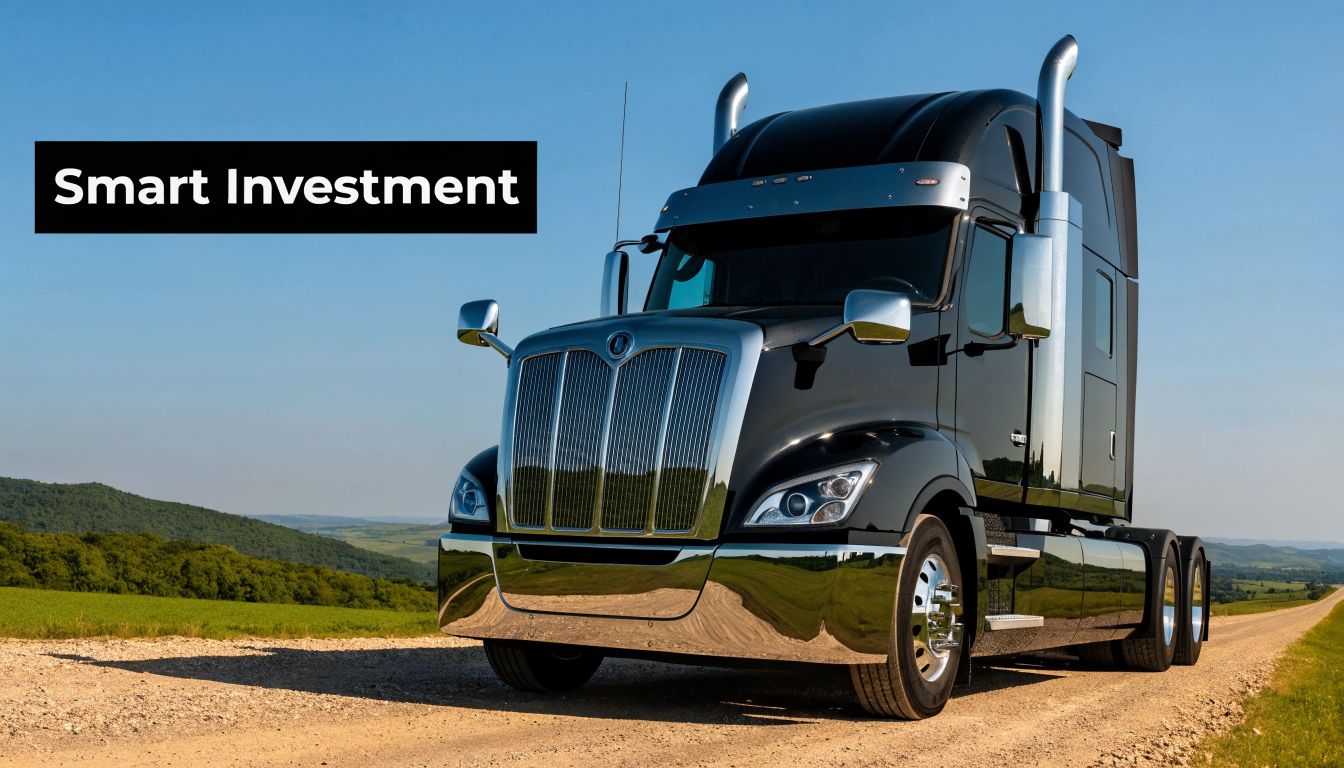 A sleek black semi truck parked on a rural gravel road under a clear blue sky