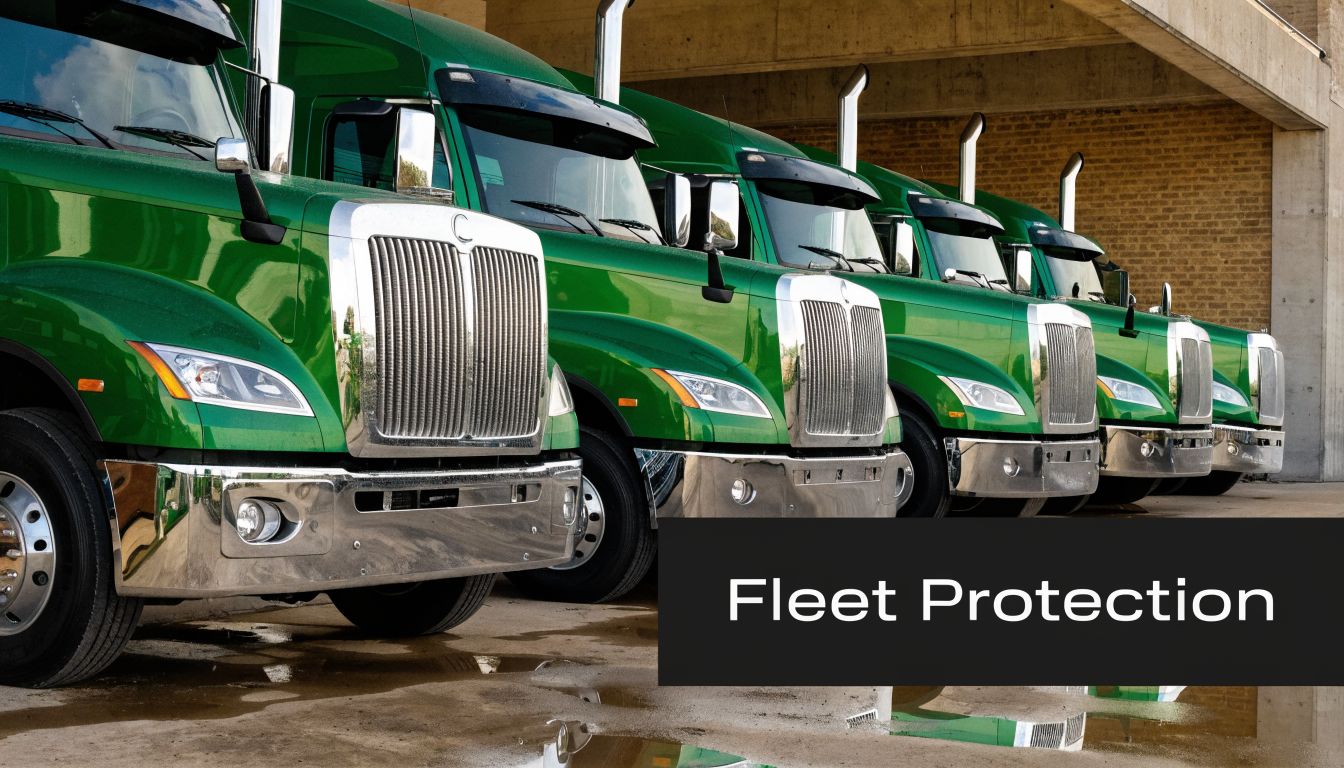 A row of identical green semi trucks parked under a concrete structure for fleet protection services.