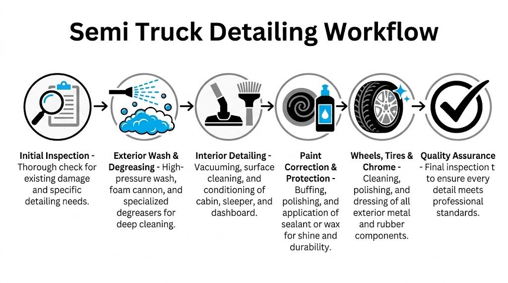 A diagram illustrating the six-step professional workflow for detailing semi trucks, from initial inspection to final quality assurance.