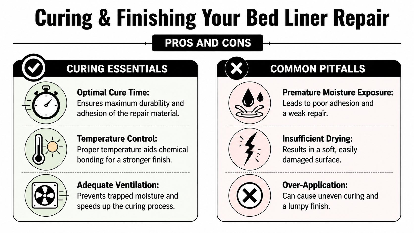 An infographic showing tips for curing and finishing bed liner repairs, highlighting essentials and common mistakes.