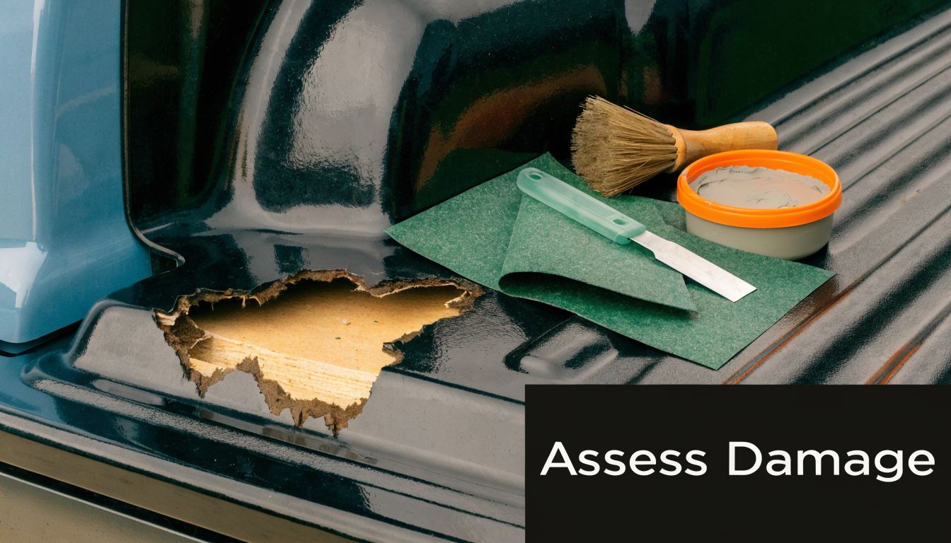 A close-up of a damaged truck bed liner with repair tools and supplies ready for fix.