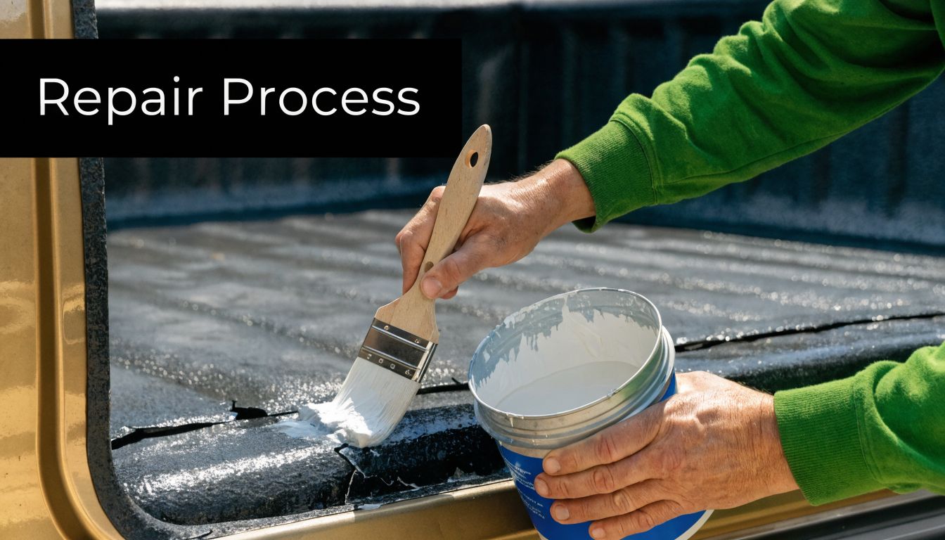 A person applying white touch-up paint to a black spray-in truck bed liner with a brush.