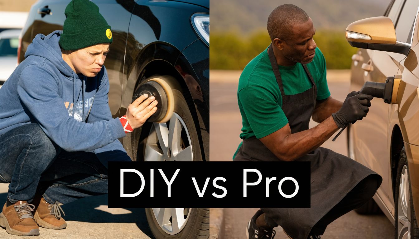 A split screen comparing a person doing DIY car polishing and a professional performing car paint care.