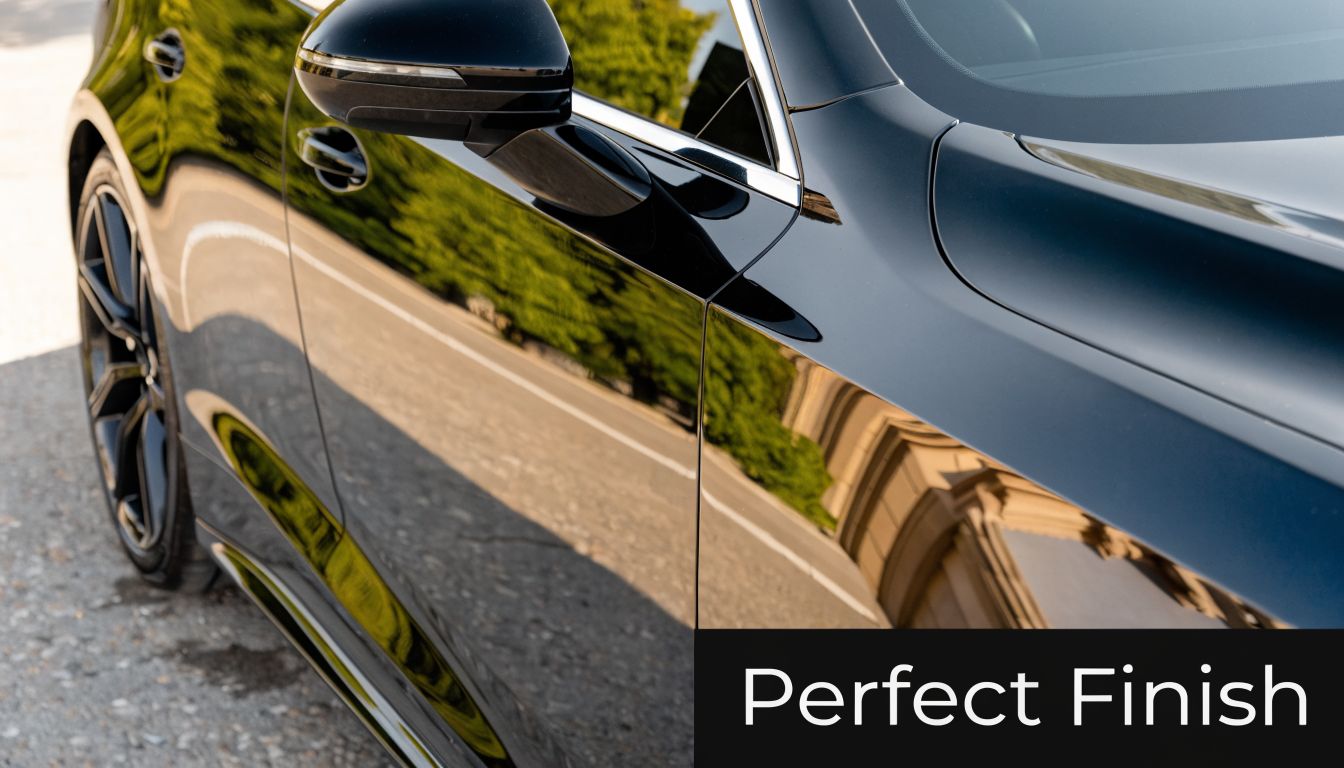 A close-up view of a shiny, black car body showing a flawless and reflective paint finish.