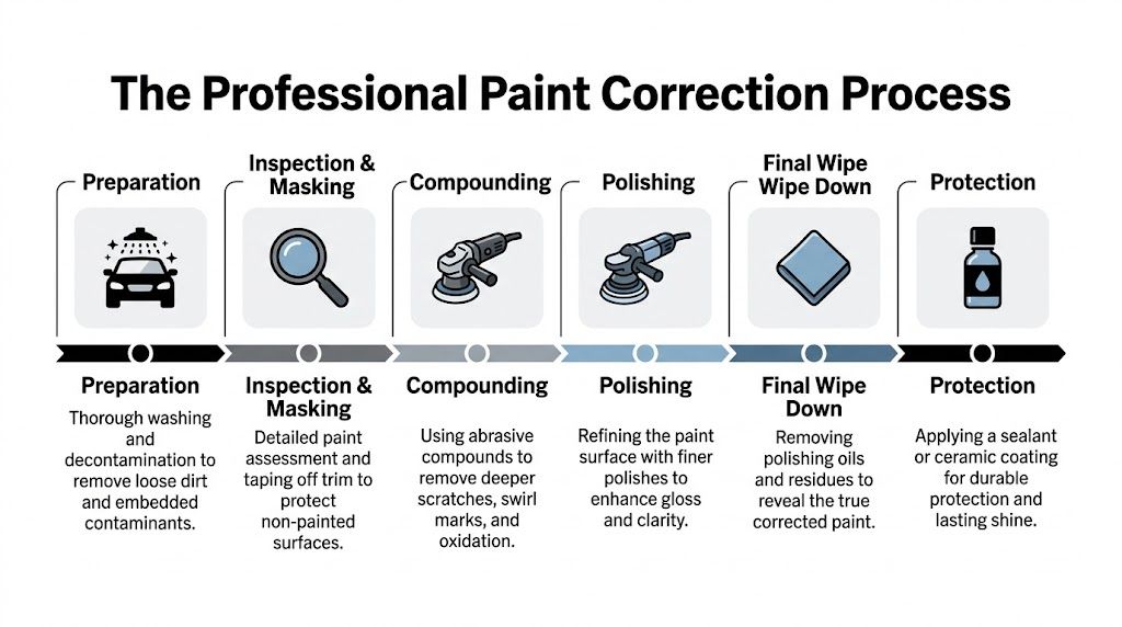 A professional car paint correction process infographic showing steps from initial preparation to final protective coating application.