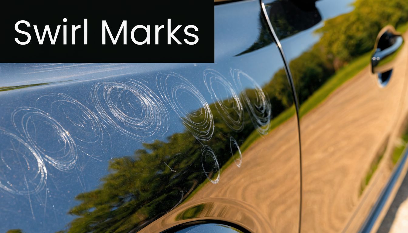 A close-up view of a black car panel showing circular swirl marks caused by improper washing.