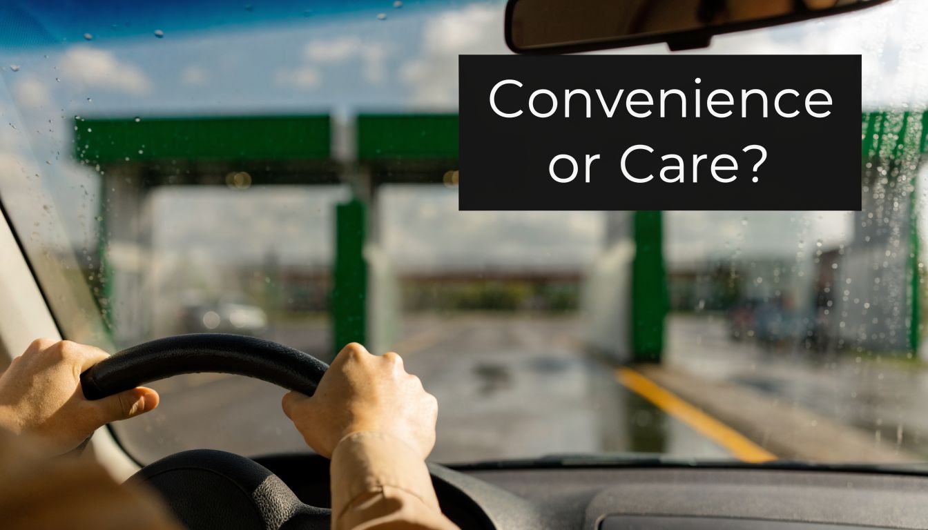 A person driving a car into a commercial car wash bay with text overlay Convenience or Care?