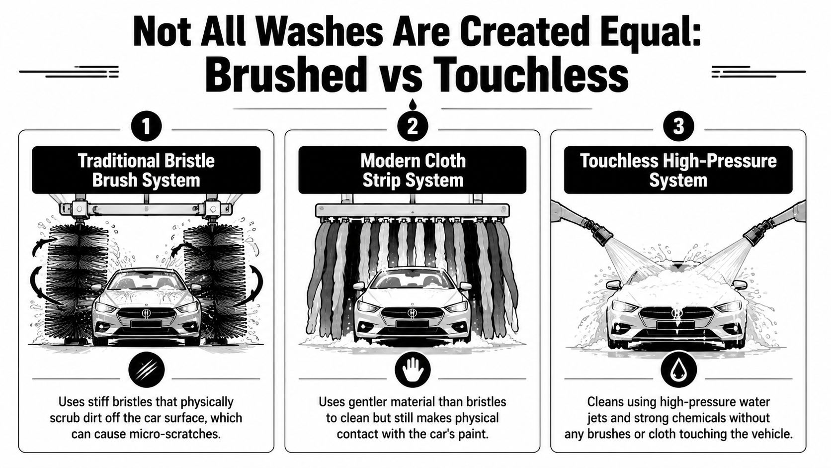 A comparison chart showing the differences between traditional bristle, cloth strip, and touchless car wash systems.
