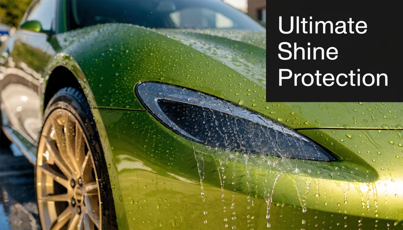 A close up of a bright green sports car with water beads on the hood.