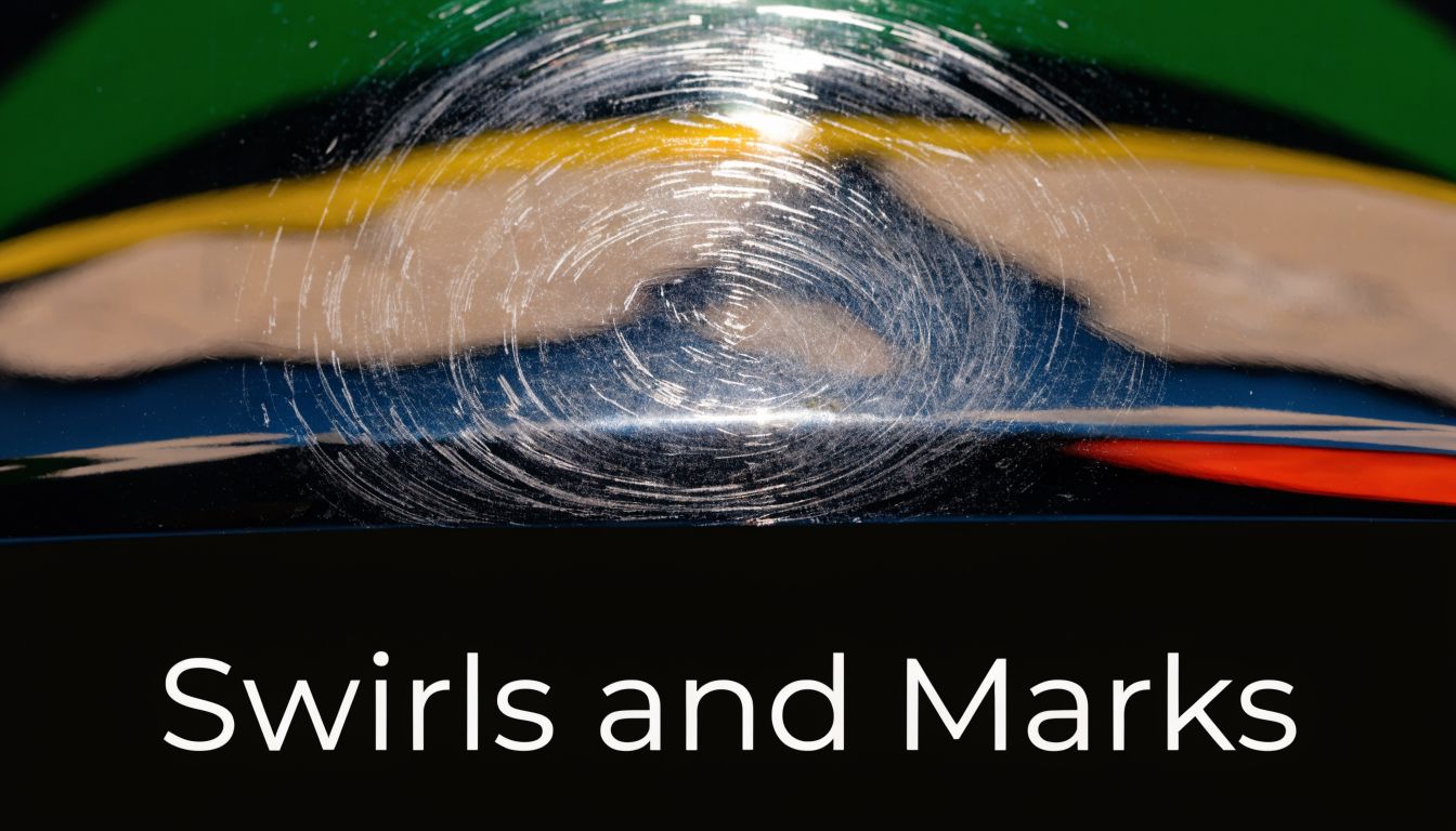 Detailed close-up showing circular scratch marks, known as swirl marks, on a vehicle's dark car paint.