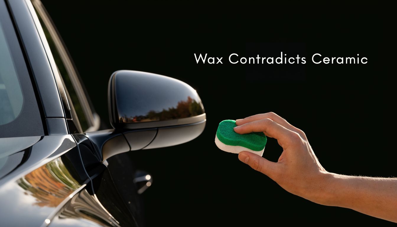 A hand holding a green and white cleaning sponge near a black car side mirror.
