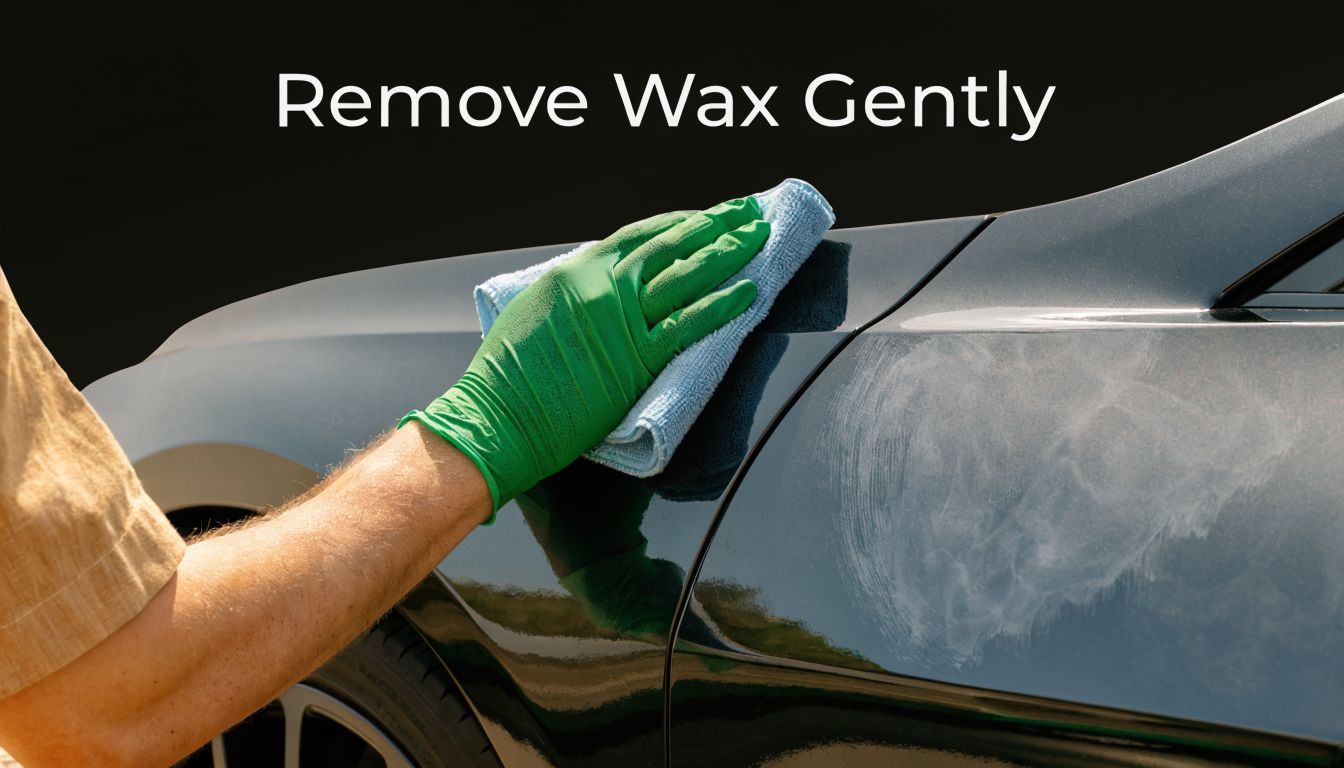 A person wearing a green glove wipes wax off a black car hood with a cloth.
