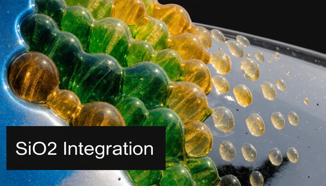 A close-up view of liquid SiO2 beads on a glossy automotive surface showing hydrophobic ceramic coating technology.