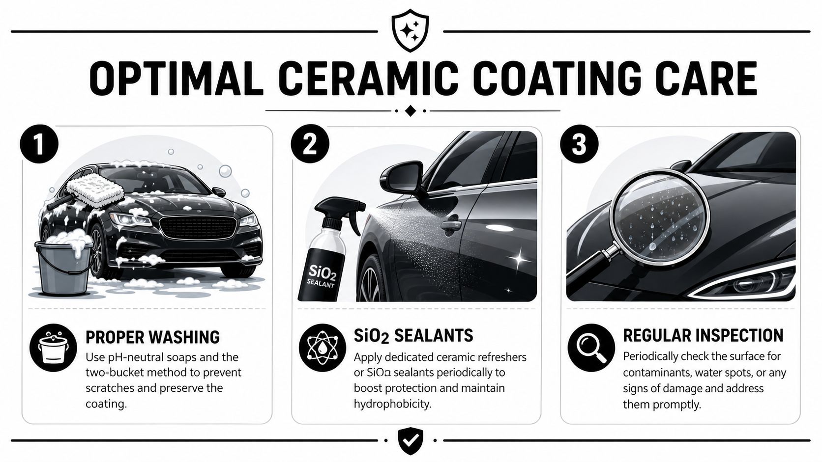 An infographic titled Optimal Ceramic Coating Care illustrating three essential steps for maintaining a vehicle's ceramic coating.