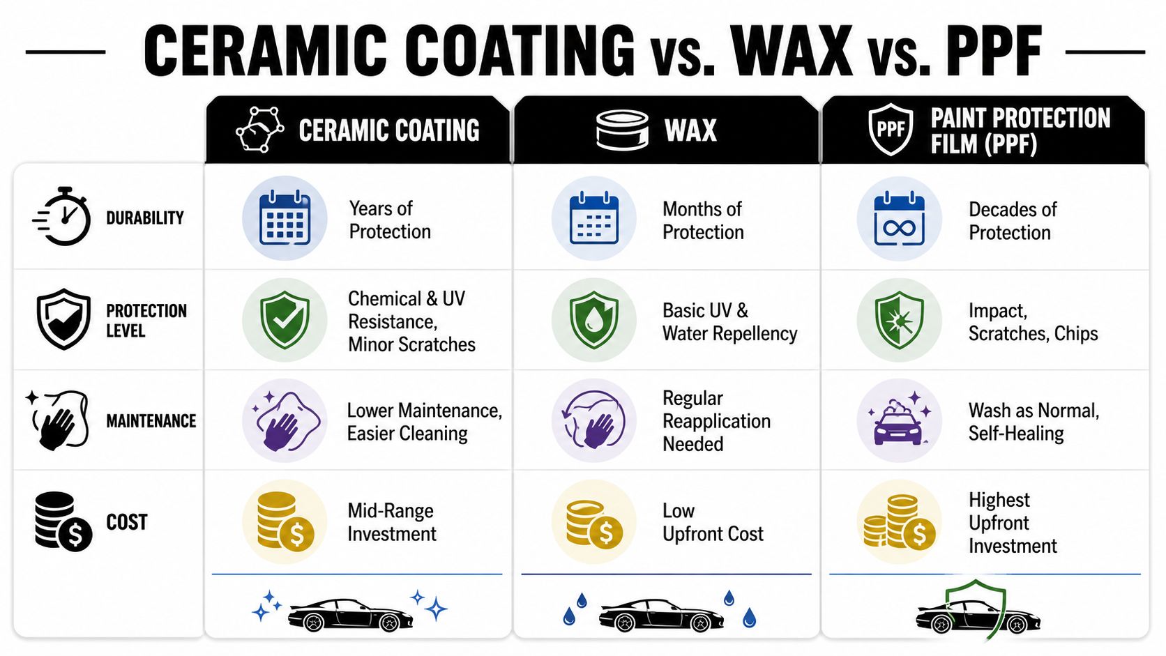 A comparison chart outlining the durability, protection level, maintenance, and cost of ceramic coating, wax, and PPF.