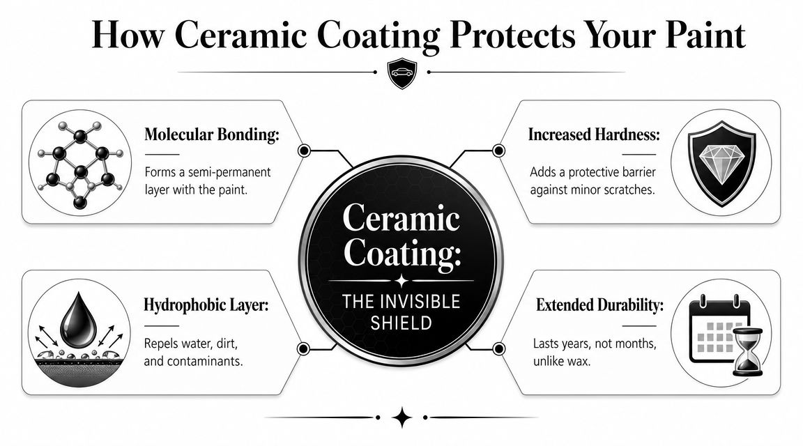 An infographic detailing the benefits of ceramic coating for vehicle paint protection, including durability and hardness.