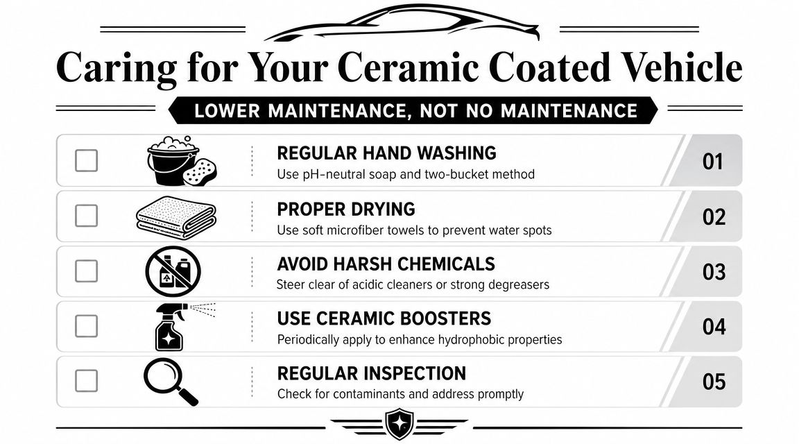 An infographic titled Caring for Your Ceramic Coated Vehicle outlining five essential maintenance steps.