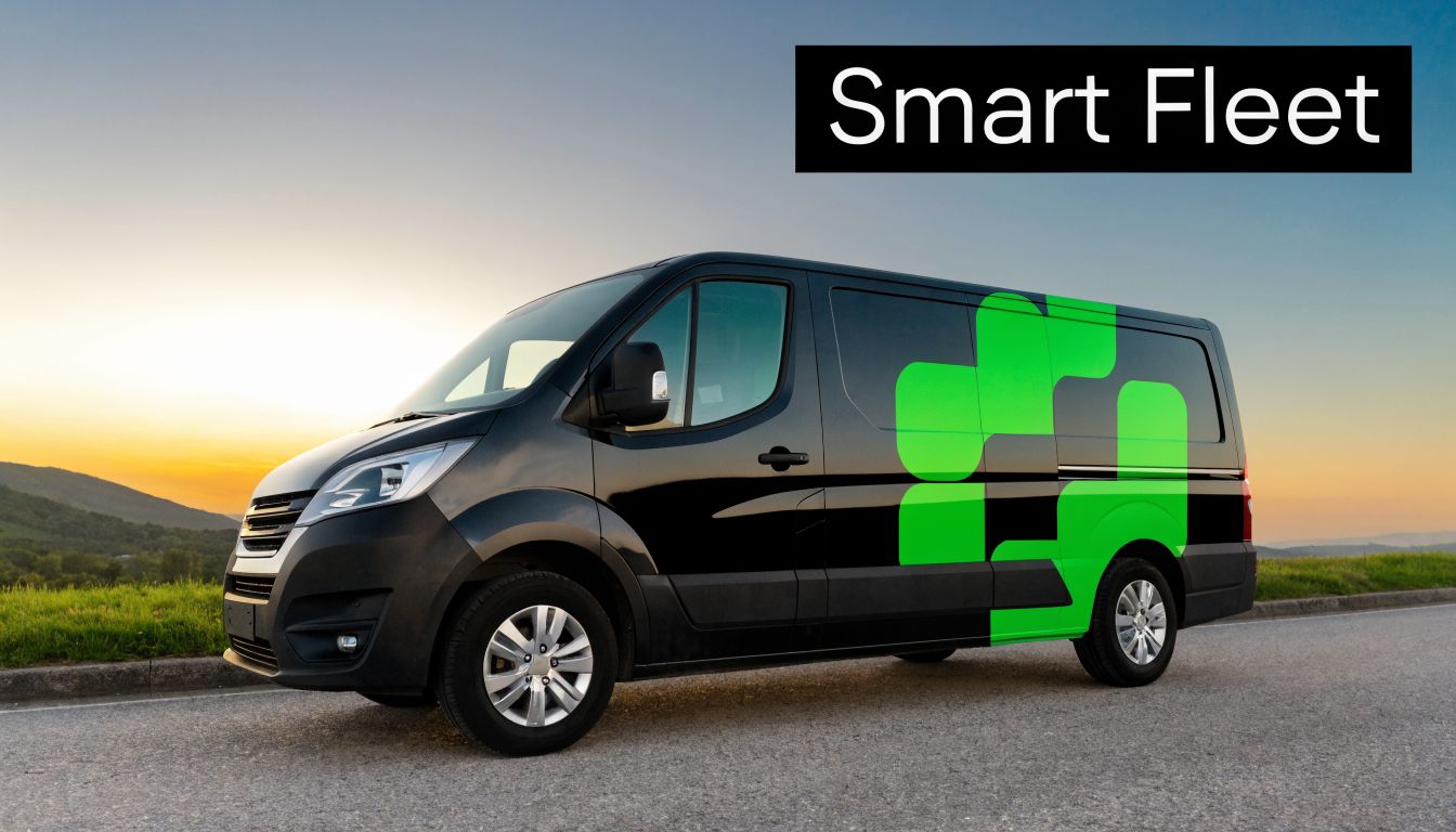 A black commercial delivery van parked on the side of a road during a sunset.