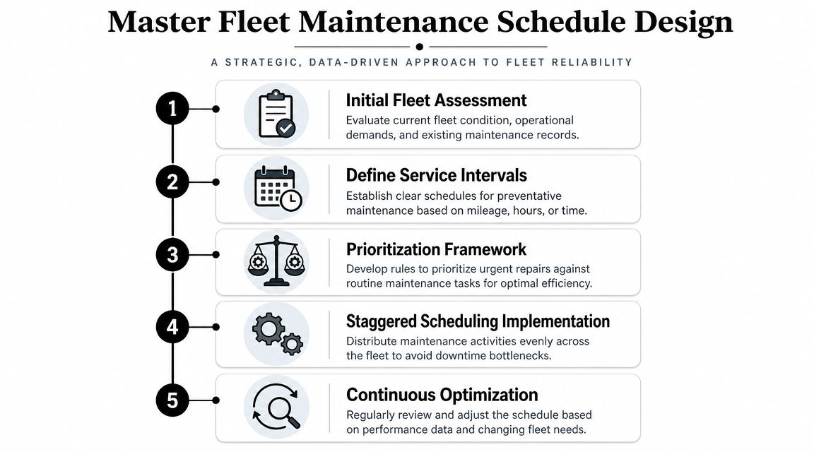 A flowchart diagram illustrating the five-step process for designing a strategic fleet maintenance schedule.