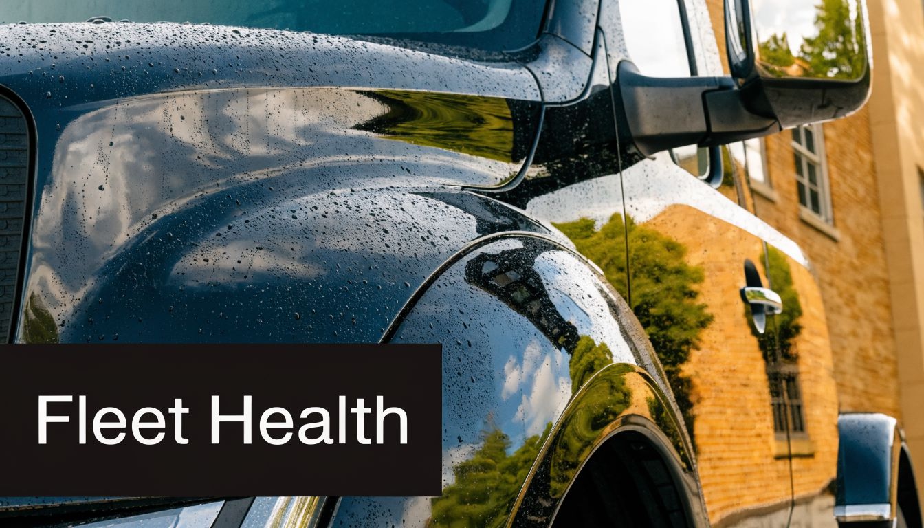 A close-up view of a dark blue truck hood with rain droplets and the text Fleet Health.