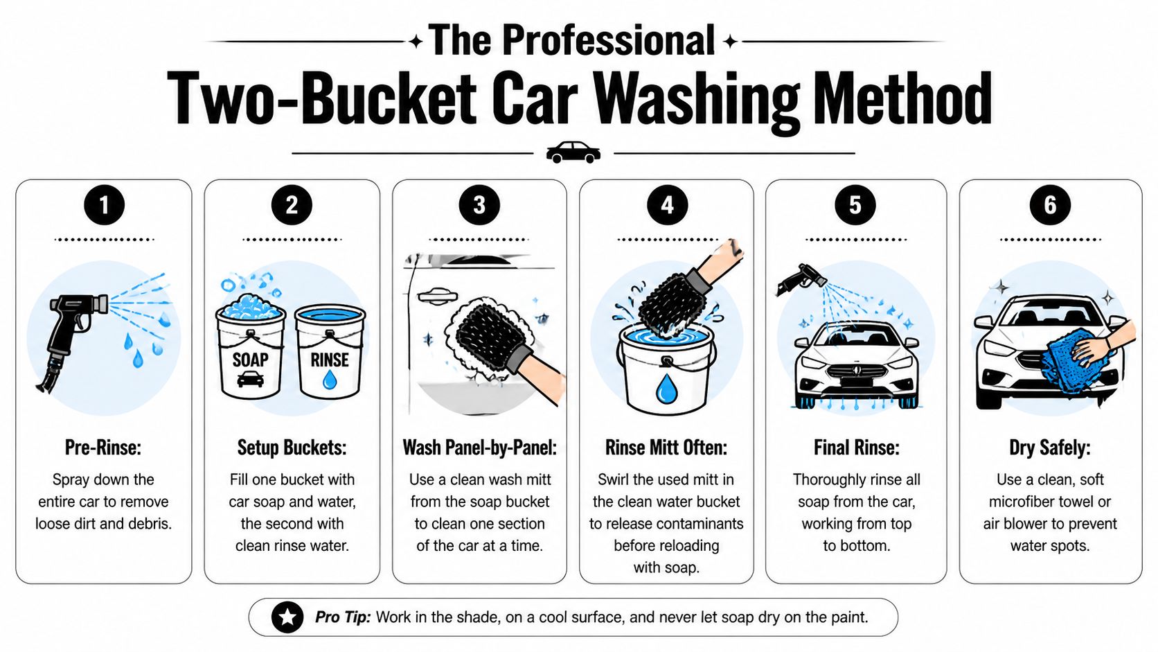 A six-step infographic illustrating the professional two-bucket car washing method for effective and safe vehicle cleaning.