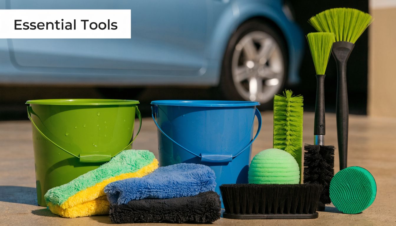 A collection of car cleaning tools including two buckets, microfiber towels, and various brushes sitting on the ground.