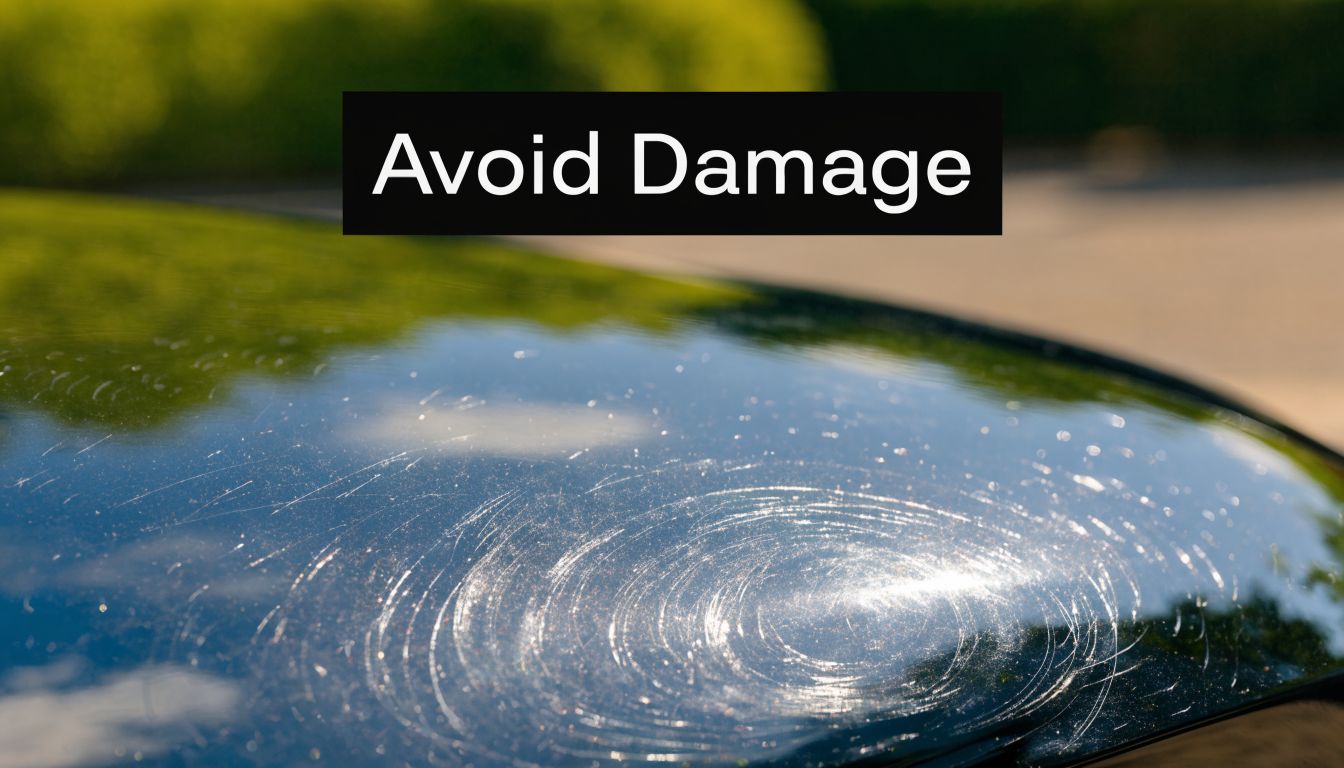 Close-up of a car hood showing severe swirl marks and scratches in the dark paint finish.