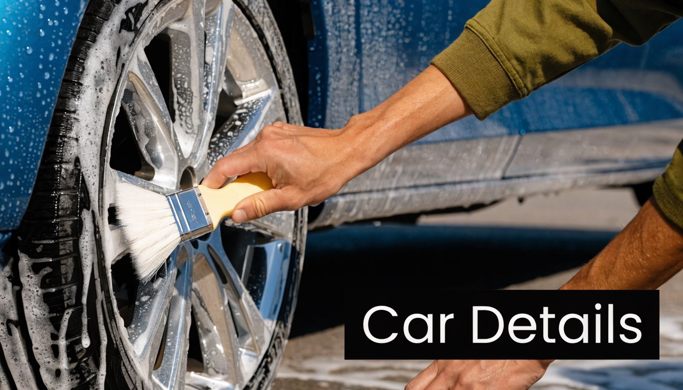 A close-up view of a person using a soft brush to scrub a shiny car wheel with soap.