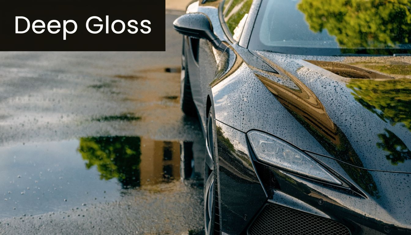 A close-up shot of a glossy black sports car covered in raindrops parked on a wet surface.
