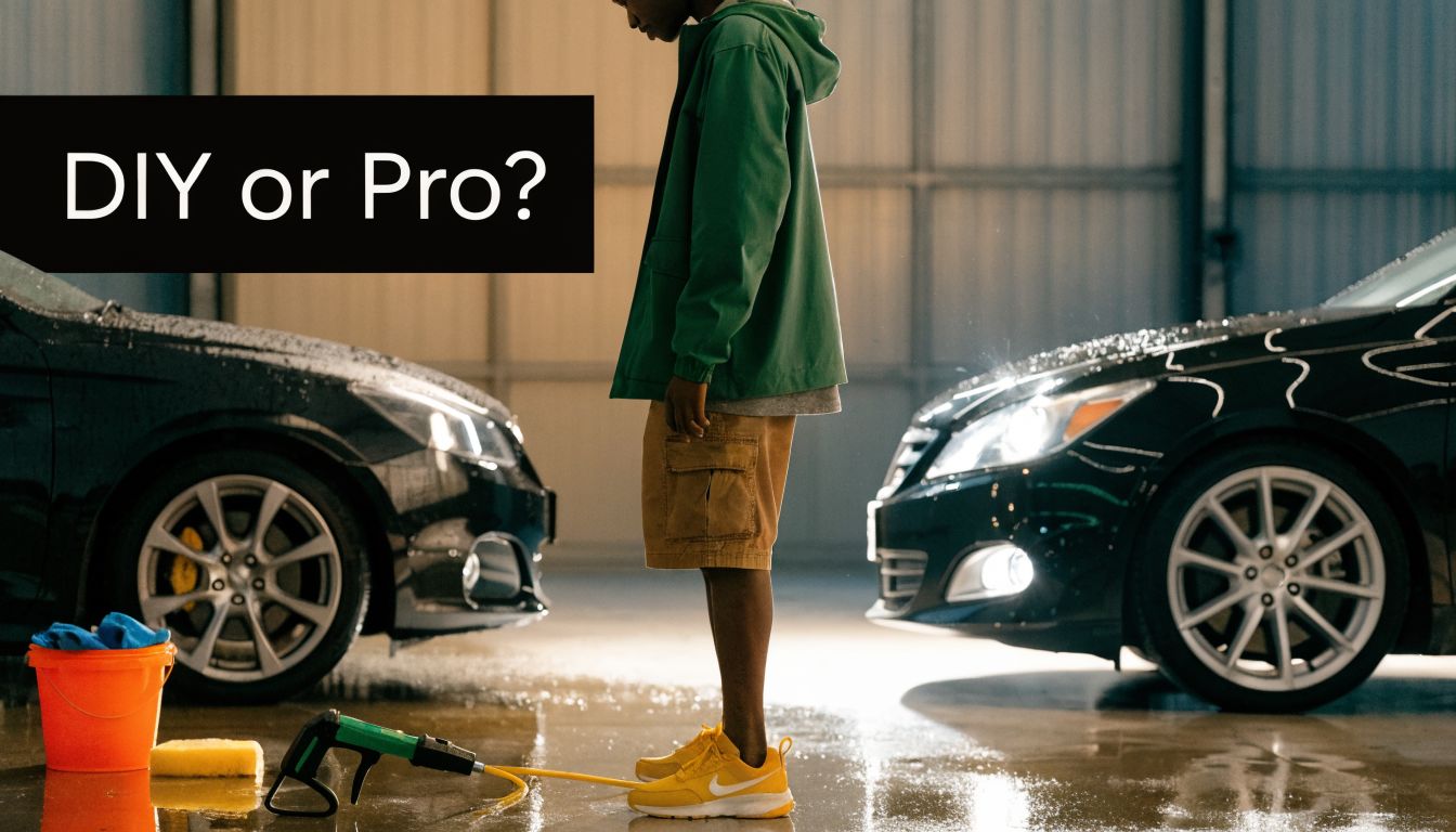 A person standing between two dark cars in a garage, deciding between DIY or professional detailing.
