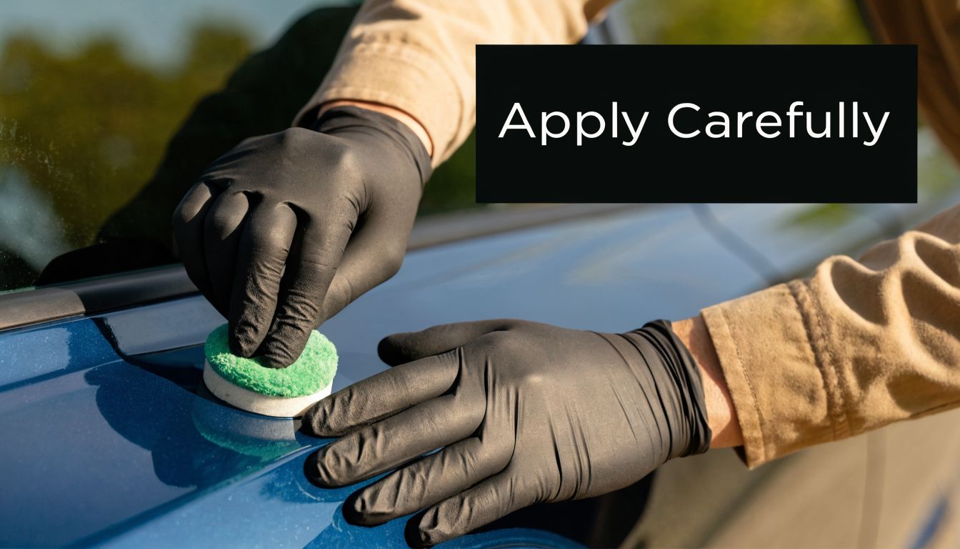 A person wearing black protective gloves applies a ceramic coating to a blue car using a sponge.