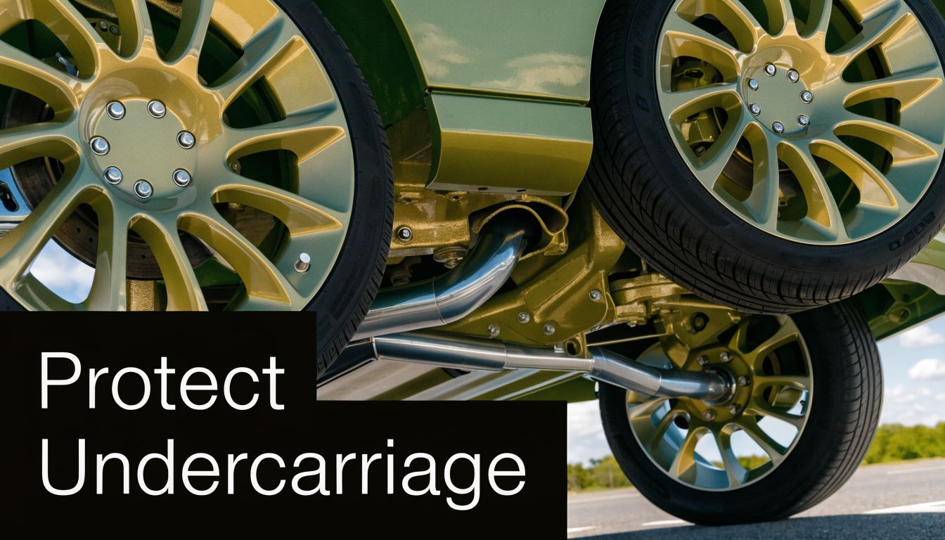 Low angle view of a clean, lime green car undercarriage, exhaust pipe, and alloy wheels on a road.