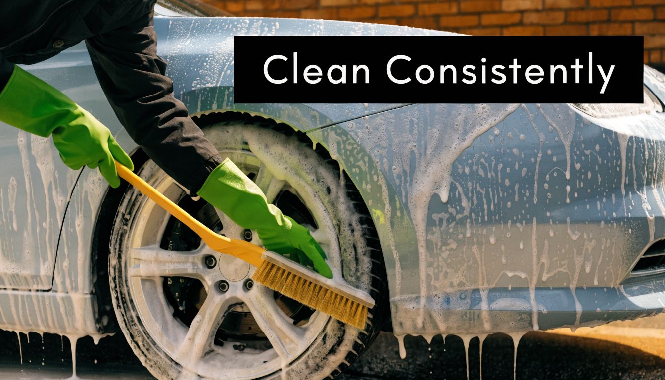 A person wearing green rubber gloves scrubbing a car wheel with a yellow brush during cleaning.