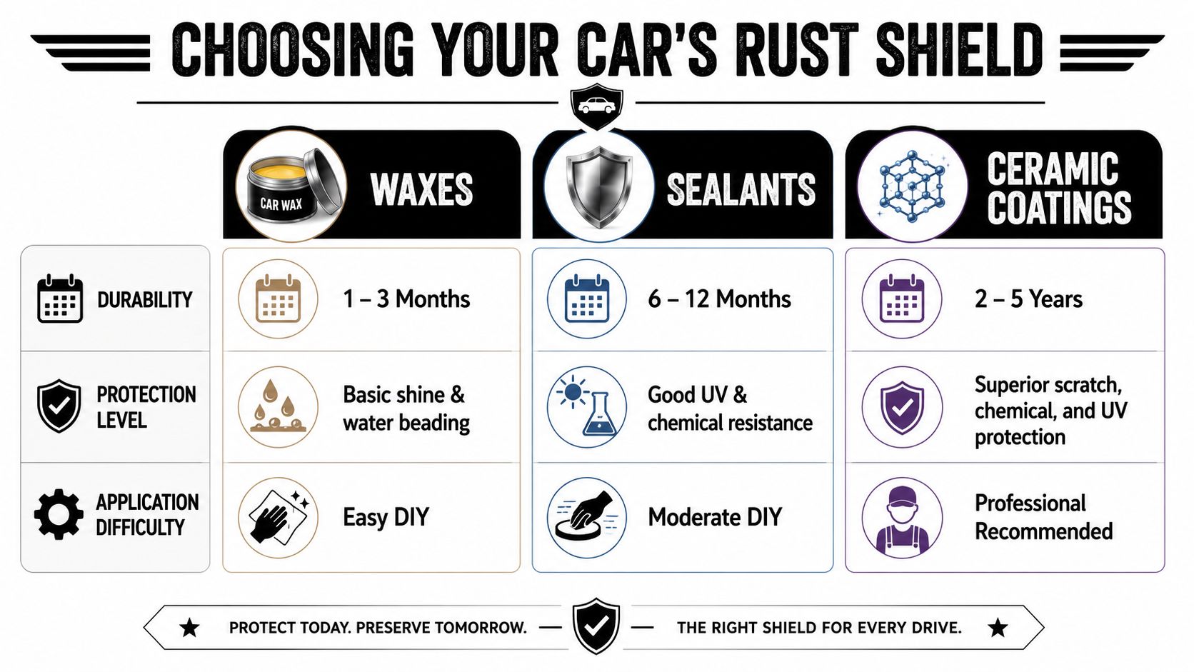 A comparison chart showing the durability, protection level, and application difficulty for waxes, sealants, and ceramic coatings.