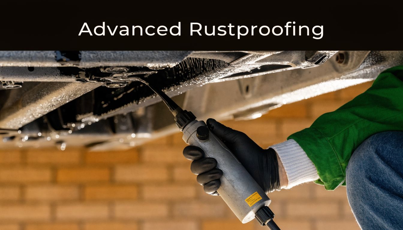 A professional mechanic wearing gloves applying protective rustproofing coating to the undercarriage of a car.