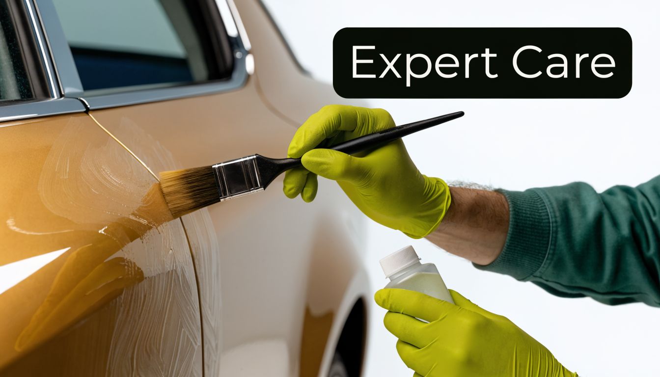 A professional detailer wearing yellow gloves applies a ceramic coating treatment to a gold car exterior.