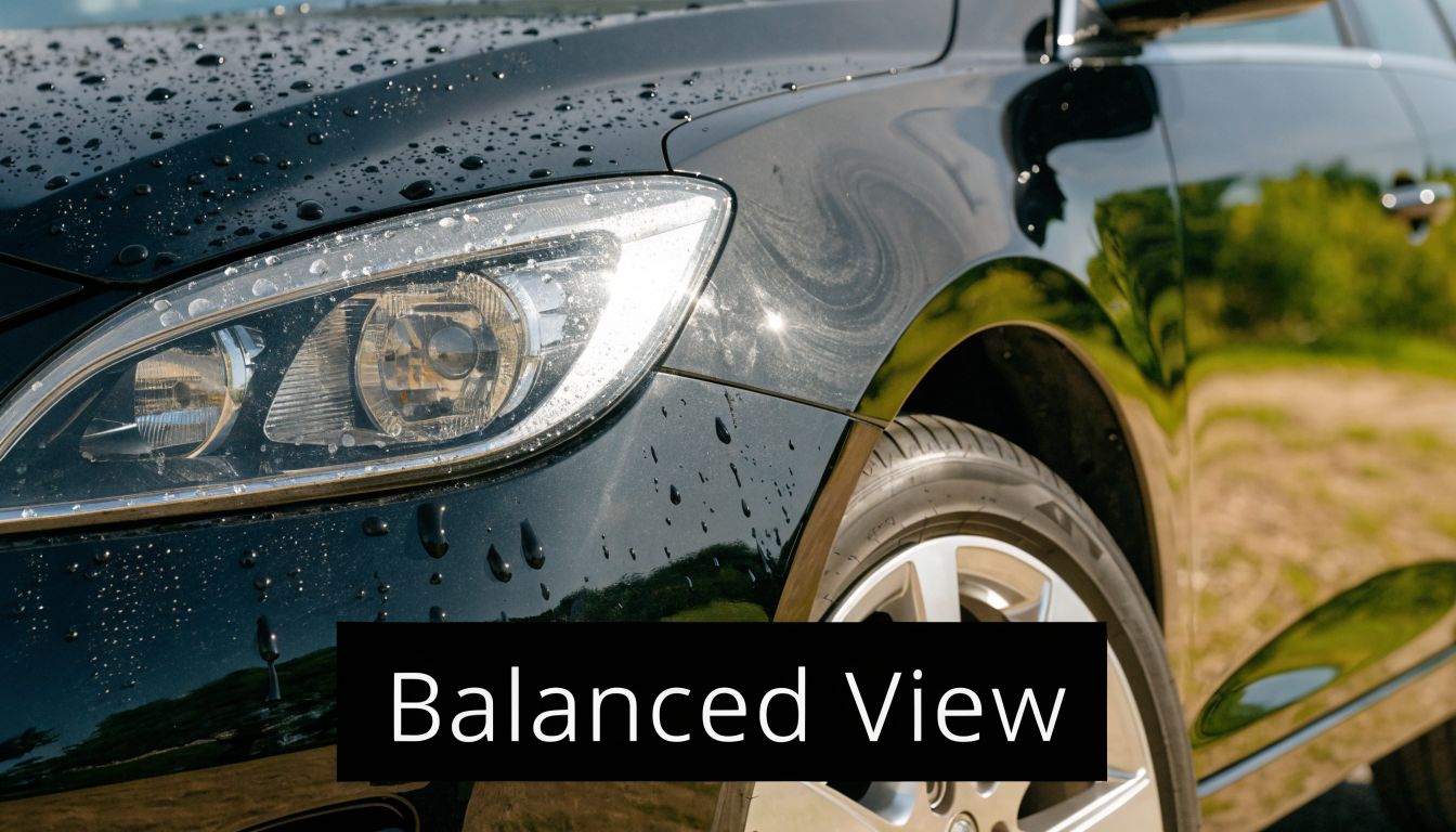 A close-up view of a shiny black car headlight and fender with water droplets reflecting sunlight.