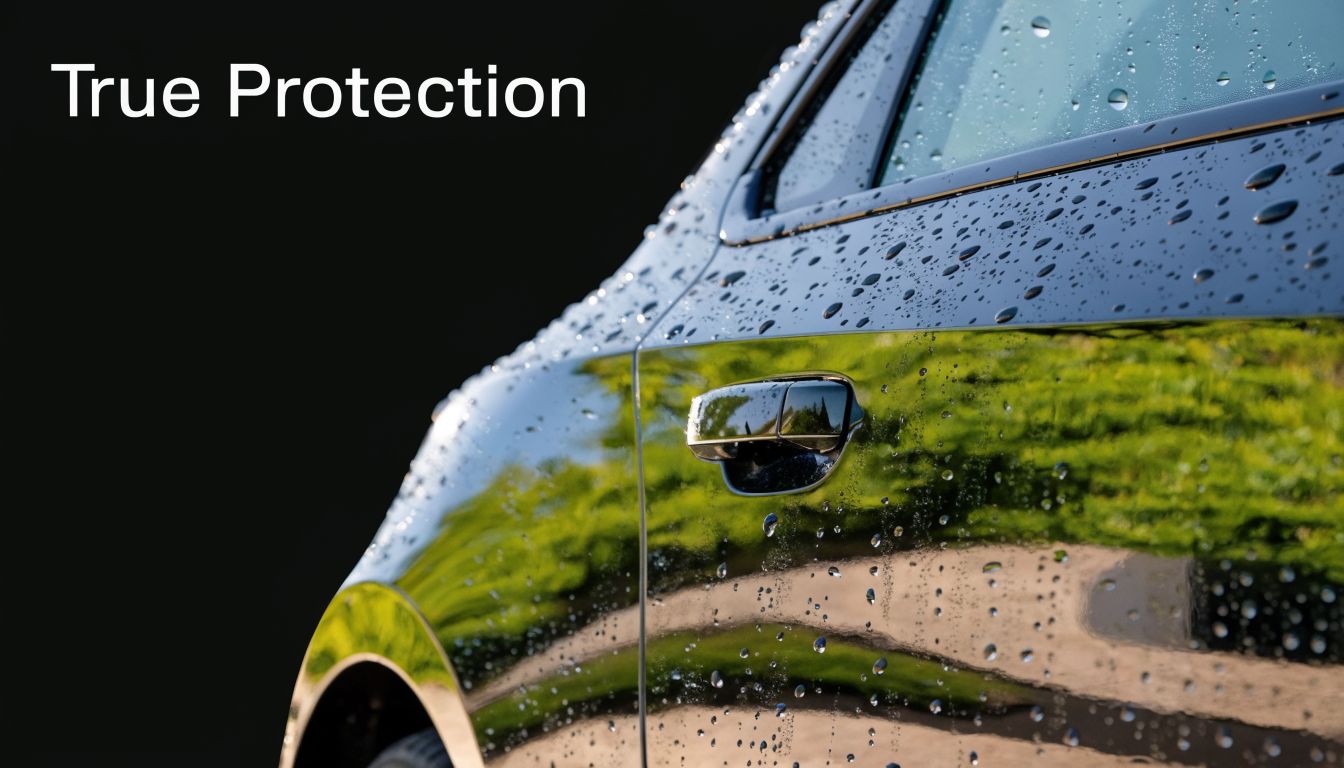 A close-up view of a shiny car door with water droplets after a professional ceramic coating application.