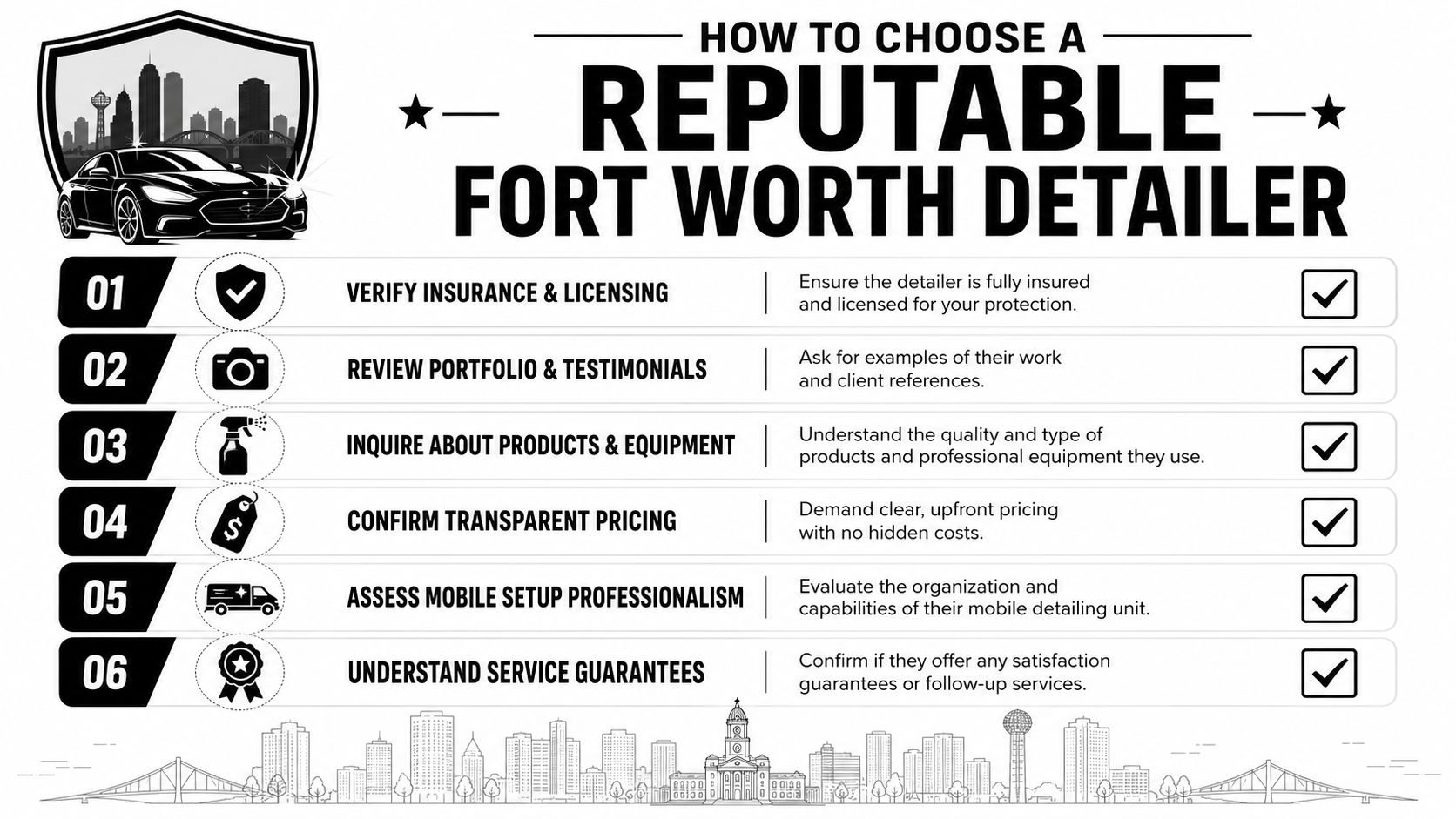 A checklist infographic detailing six essential steps for choosing a reputable mobile car detailer in Fort Worth.