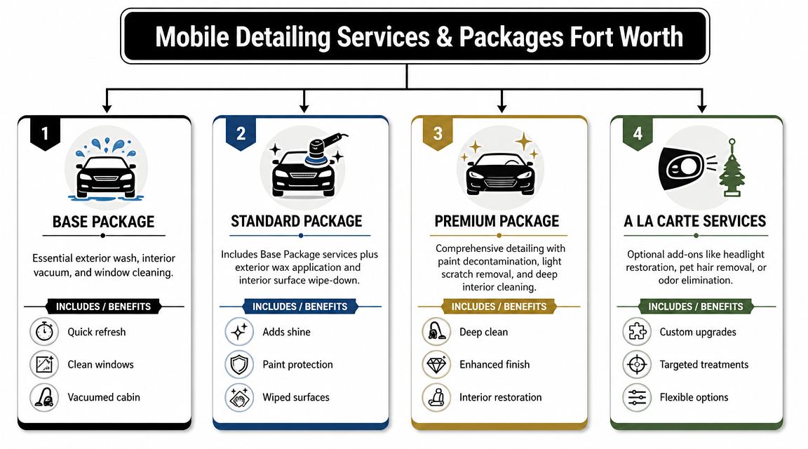 An infographic detailing various mobile car detailing service packages available for customers in Fort Worth, Texas.