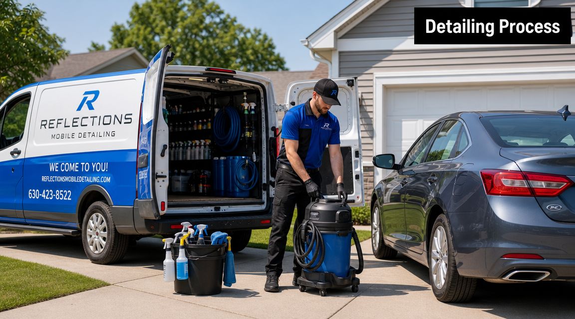 A professional detailer from Reflections Mobile Detailing prepares cleaning equipment on a driveway next to a car.