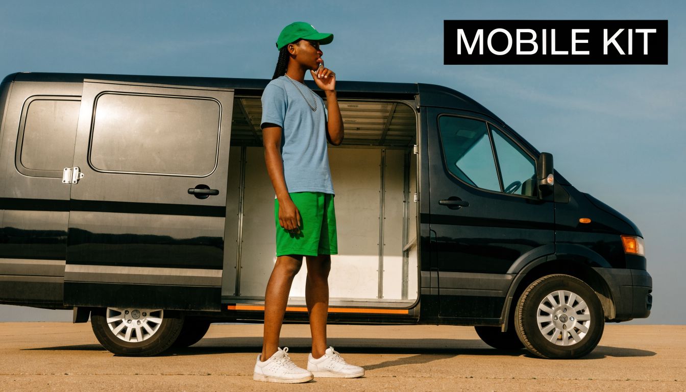 A person wearing a green cap and shorts stands in front of an open black cargo van.