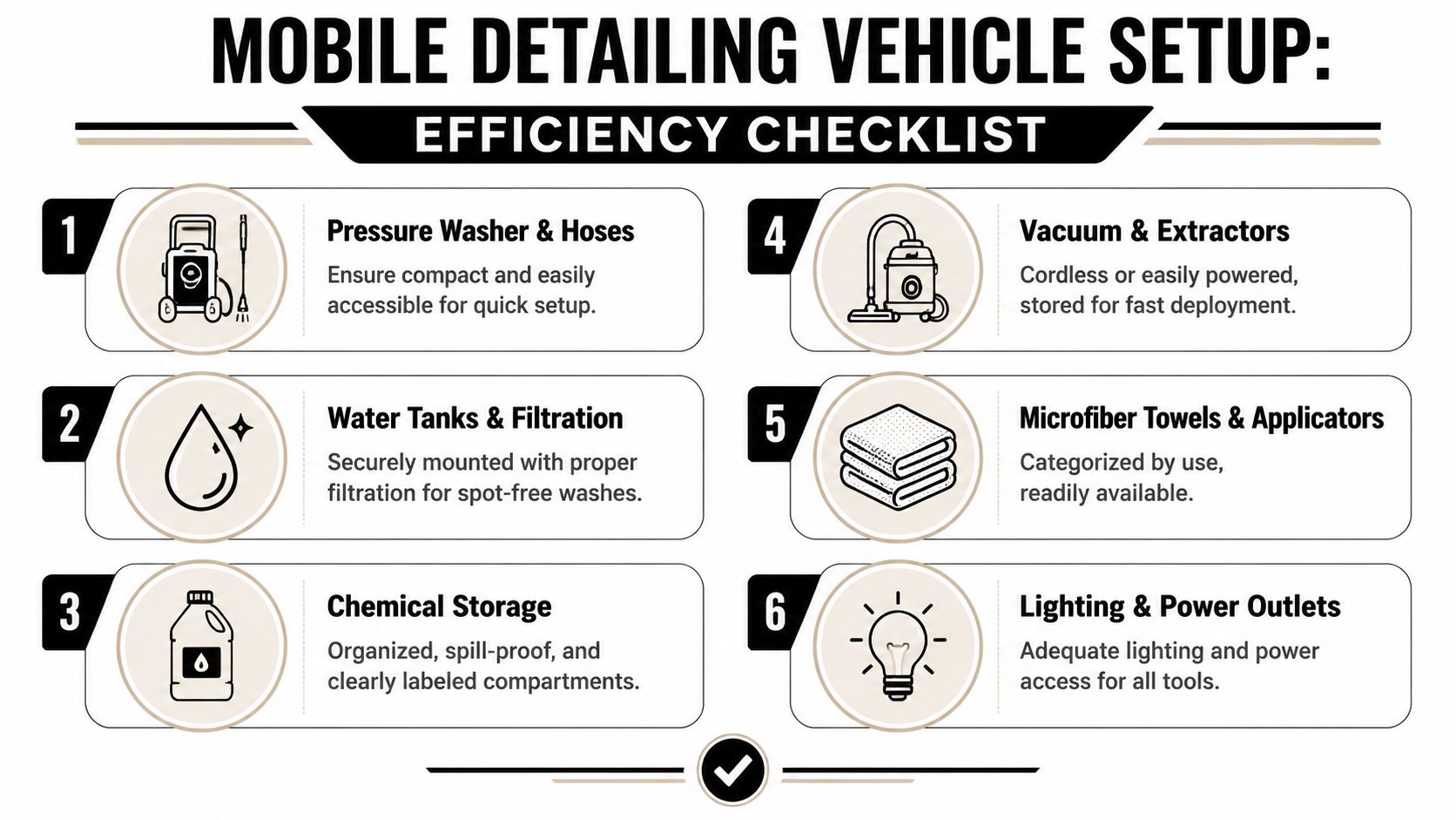 An infographic checklist for setting up a mobile car wash vehicle with six essential equipment categories.